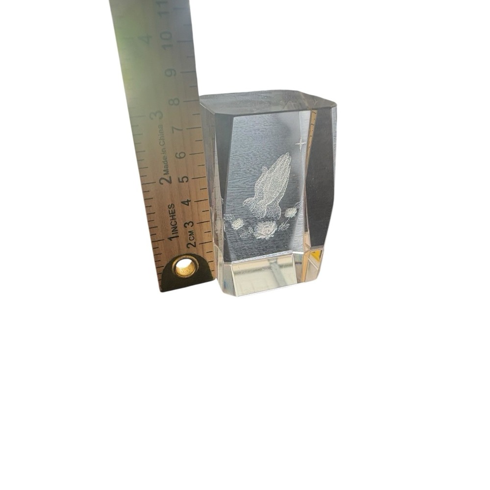 Crystal Glass Praying Hands‎ Figurine Paperweight Laser Etched Clear Block